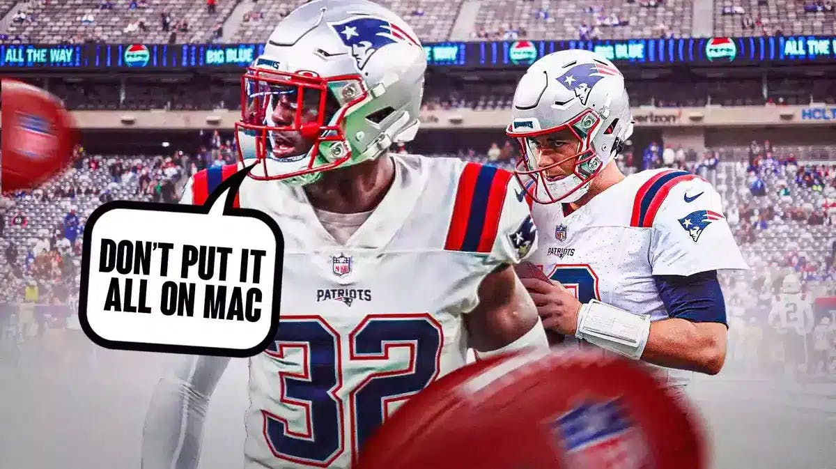 Devin McCourty with a quote bubble saying “don’t put it all on Mac” with Mac Jones next to him and a Patriots logp