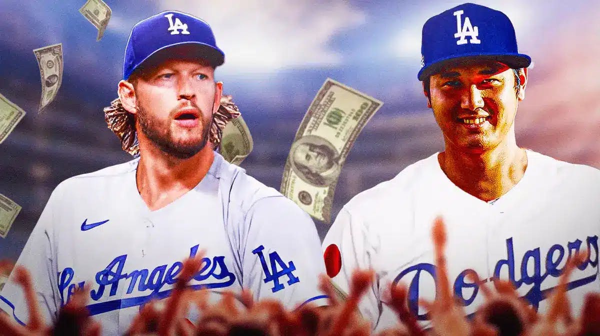 Dollar bills circling around Clayton Kershaw like he’s confused, with Dodgers' Shohei Ohtani smiling