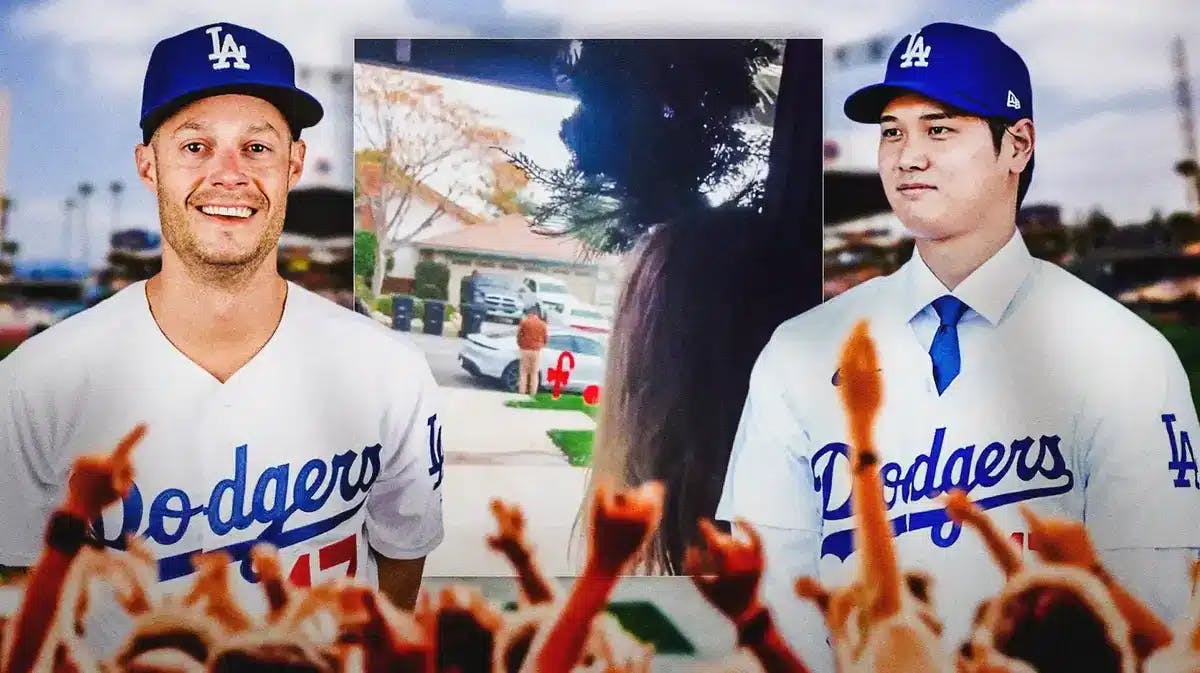 Dodgers' Joe Kelly and Shohei Ohtani watching a video of Ashley Kelly being gifted a Porche