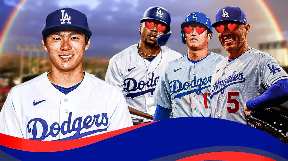 Dodgers' Mookie Betts, Shohei Ohtani, and Freddie Freeman heart eyes towards Yoshinobu Yamamoto in a Dodgers uni