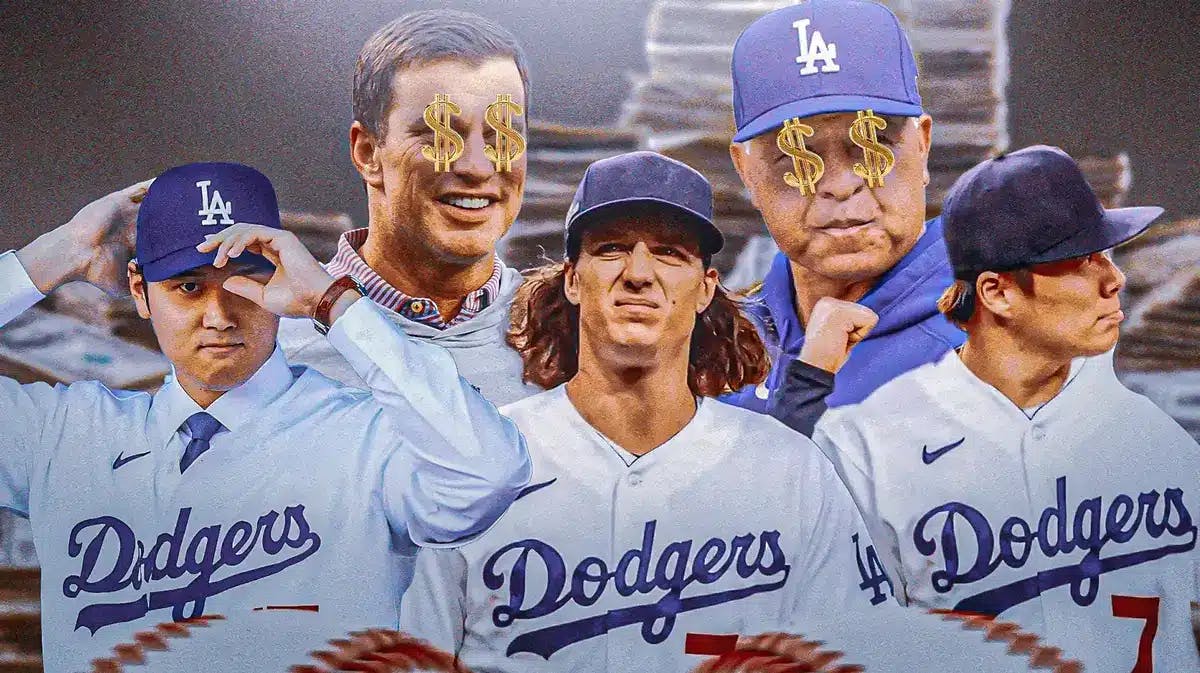 Andrew Friedman and Dave Roberts with dollar signs in their eyes, with heaps of cash behind them, with Shohei Ohtani, Yoshinobu Yamamoto, Tyler Glasnow in Dodgers unis beside them