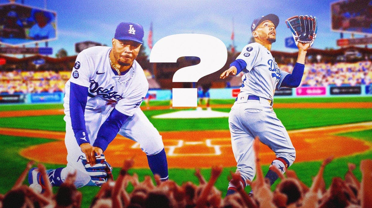 On the left side of the image, need a picture of Dodgers' Mookie Betts fielding a ground ball in the infield. On the right side of image, need Dodgers' Mookie Betts catching a fly-ball in the outfield. Place a question mark in the middle.