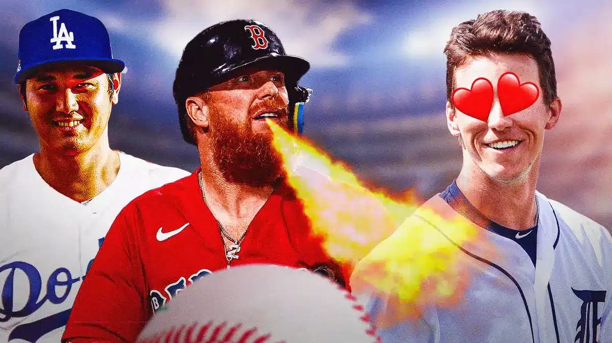Ben Verlander with hearts in eyes looking at Dodgers' Shohei Ohtani. Have Red Sox’s Justin Turner breathing fire at Ben Verlander.