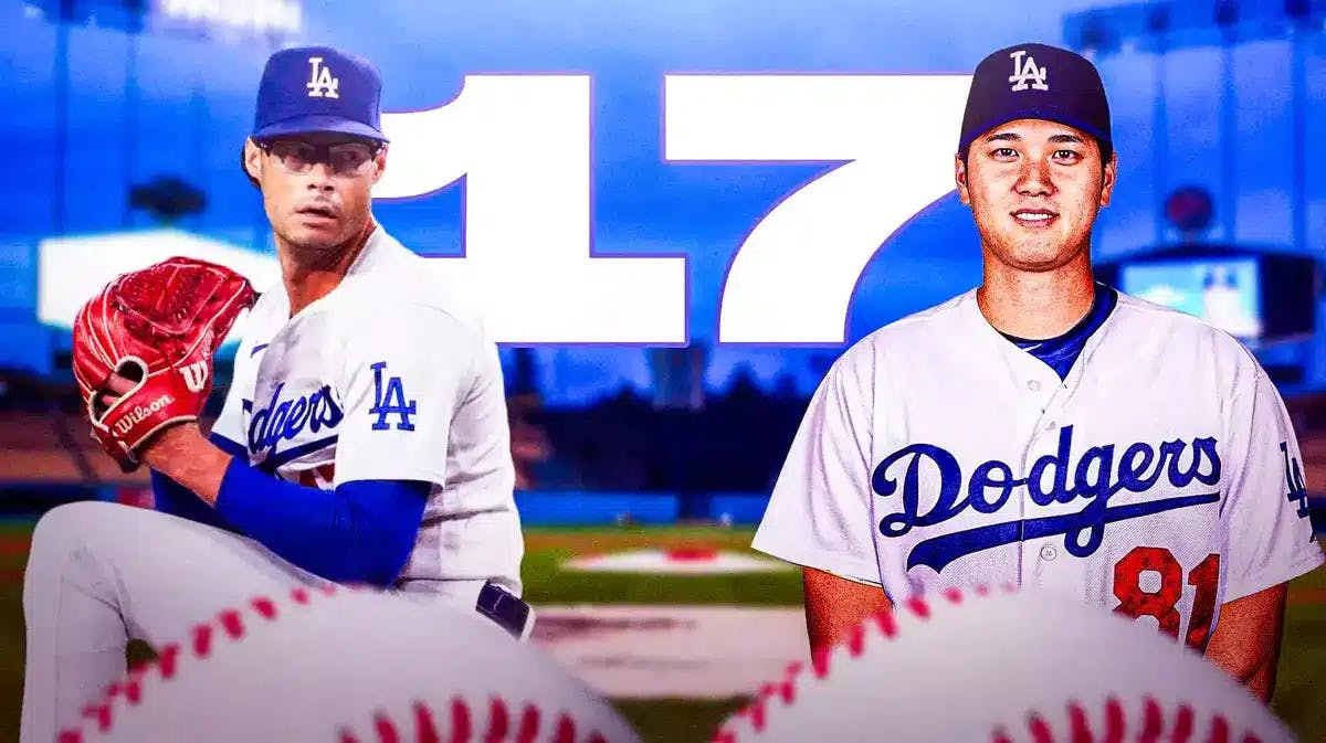 Need the number 17 in the middle. Need Dodgers' Joe Kelly on left, Dodgers' Shohei Ohtani on right. Dodger Stadium background.