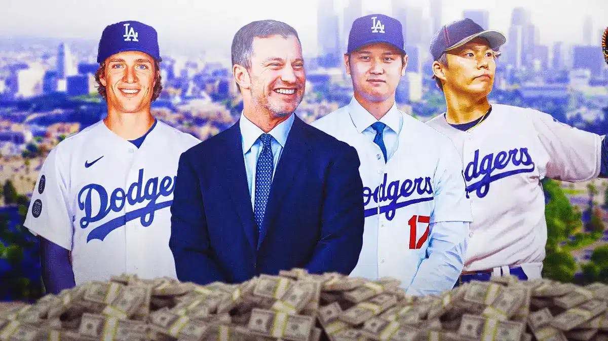 Dodgers' Andrew Friedman in front with money everywhere. Dodgers' Shohei Ohtani, Dodgers' Yoshinobu Yamamoto, Dodgers' Tyler Glasnow in background.