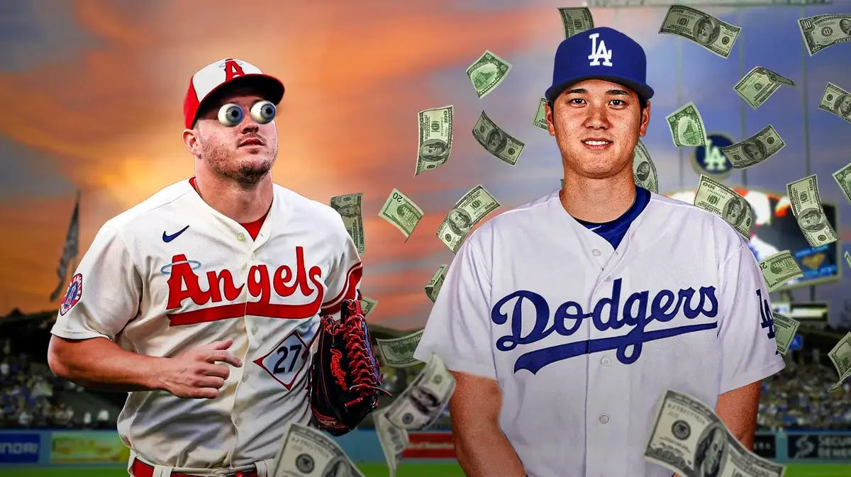 Shohei Ohtani (DODGERS) smiling with money falling down around him. Angels' Mike Trout eyes popping out looking at Ohtani.
