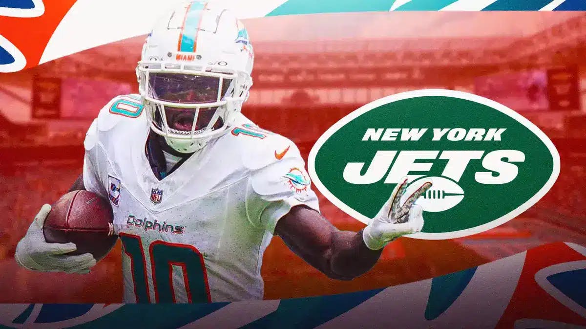 Miami Dolphins' Tyreek Hill giving his signature “peace sign” celebration to a New York Jets logo