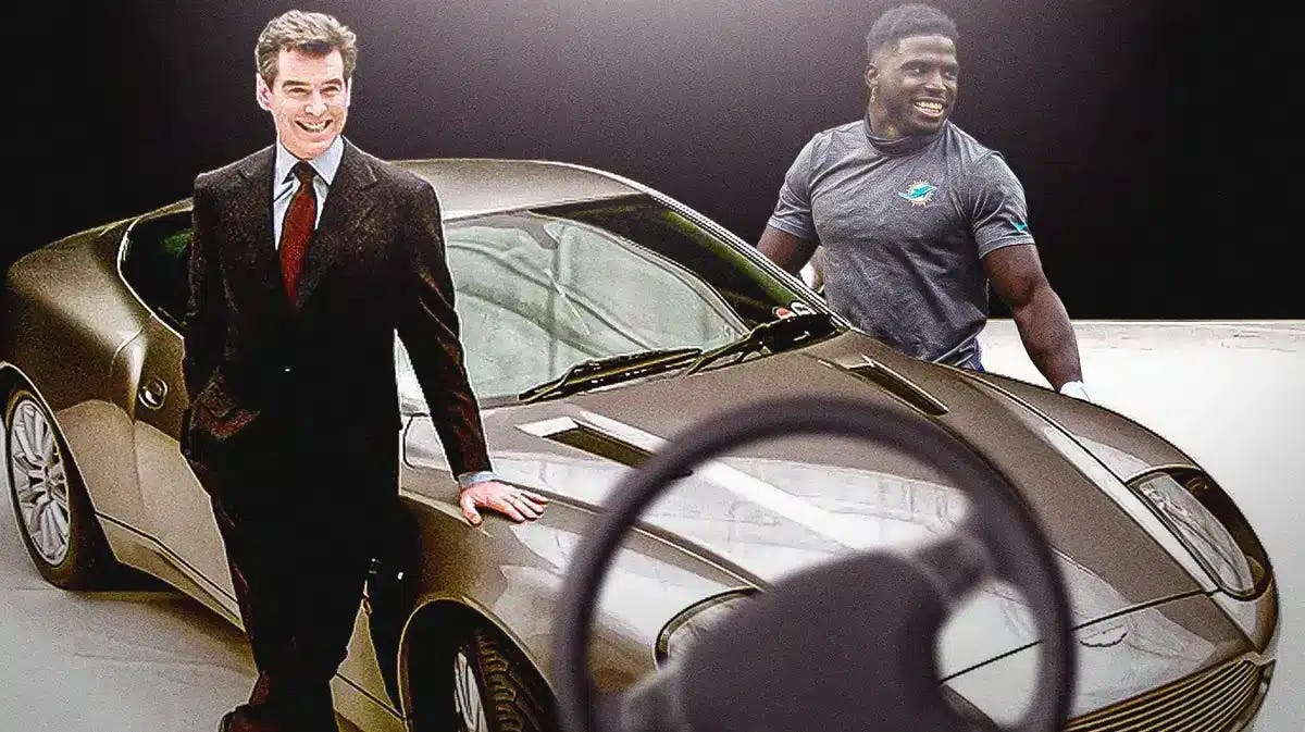 Tyreek Hill with James Bond (Pierce Brosnan) and an Aston Martin