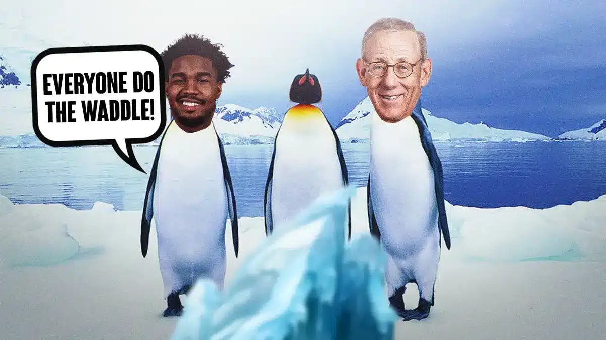 Jaylen Waddle and Dolphins owner Stephen Ross as penguins