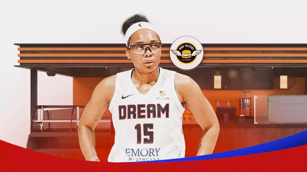 Atlanta Dream player Allisha Gray, as if she is behind a fast food counter, with the WNB Factory restaurant logo