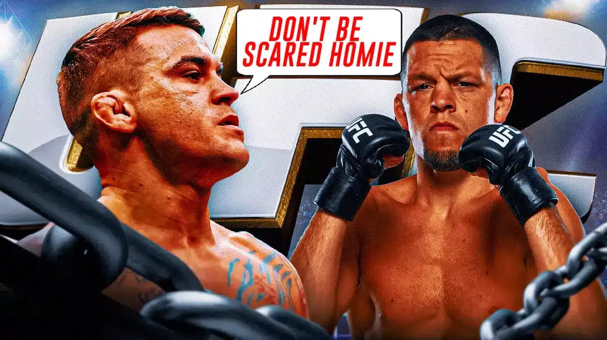 Dustion Poirier saying: ‘Don't be scared homie' next to Nate Diaz, the UFC logo behind them