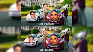 David Carr in the This is brilliant but i like this meme, with Carr as the man in the blue top, and the Eagles logo on the man in the red top, with Marcus Mariota’s picture on the white car and Jalen Hurts on the red car
