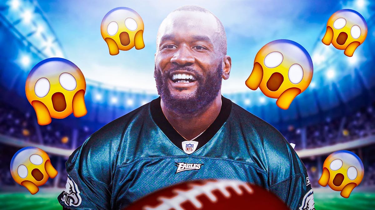 Shaq Leonard in an Eagles jersey with shocked face emojis all over