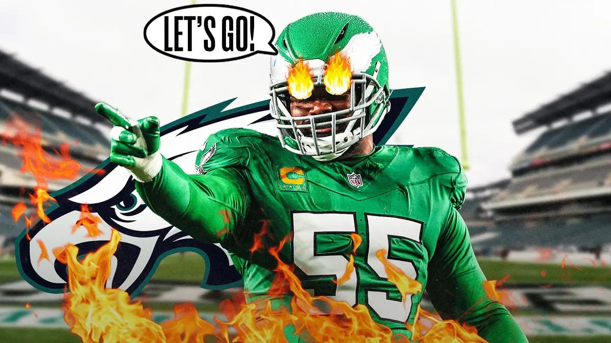 Brandon Graham with fire emojis over his eyes and a text bubble reading “Let’s go!” with the Eagles logo and Lincoln Financial Field as the background.