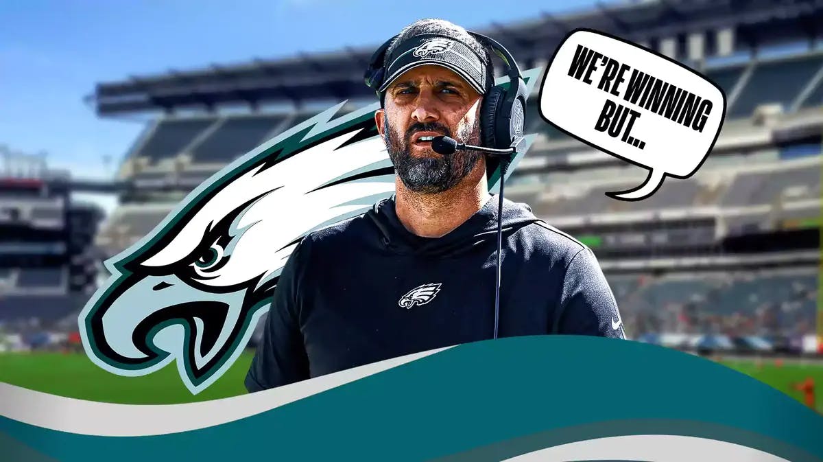Nick Sirianni with a text bubble reading “We’re winning but…” with Lincoln Financial Field and the Eagles logo as the background.