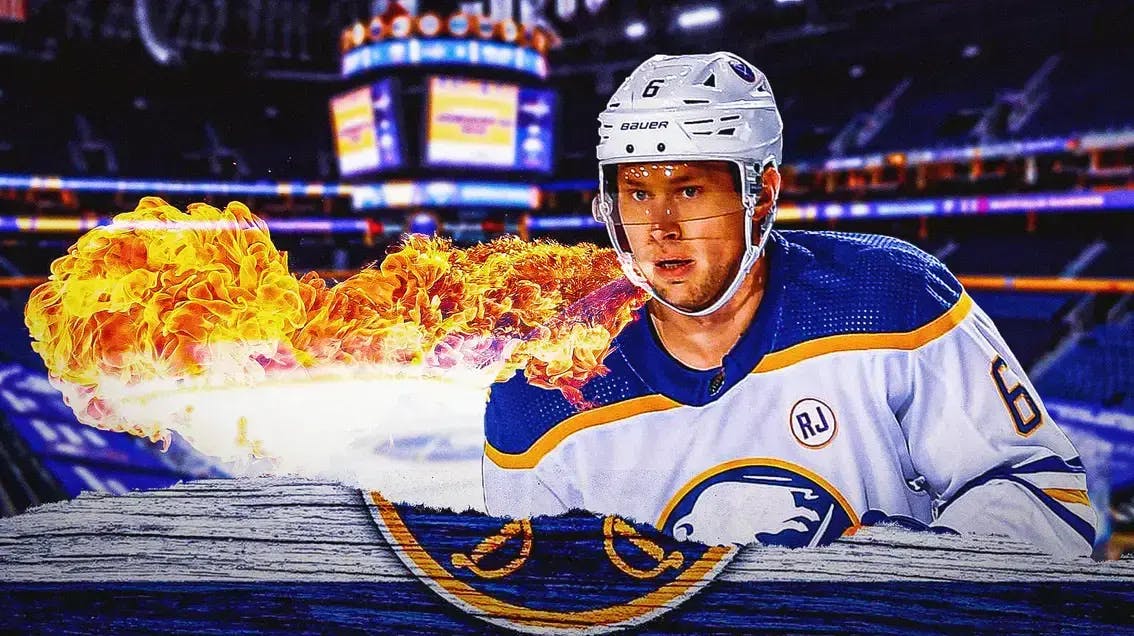 Buffalo Sabres' Erik Johnson and fire coming out of his mouth
