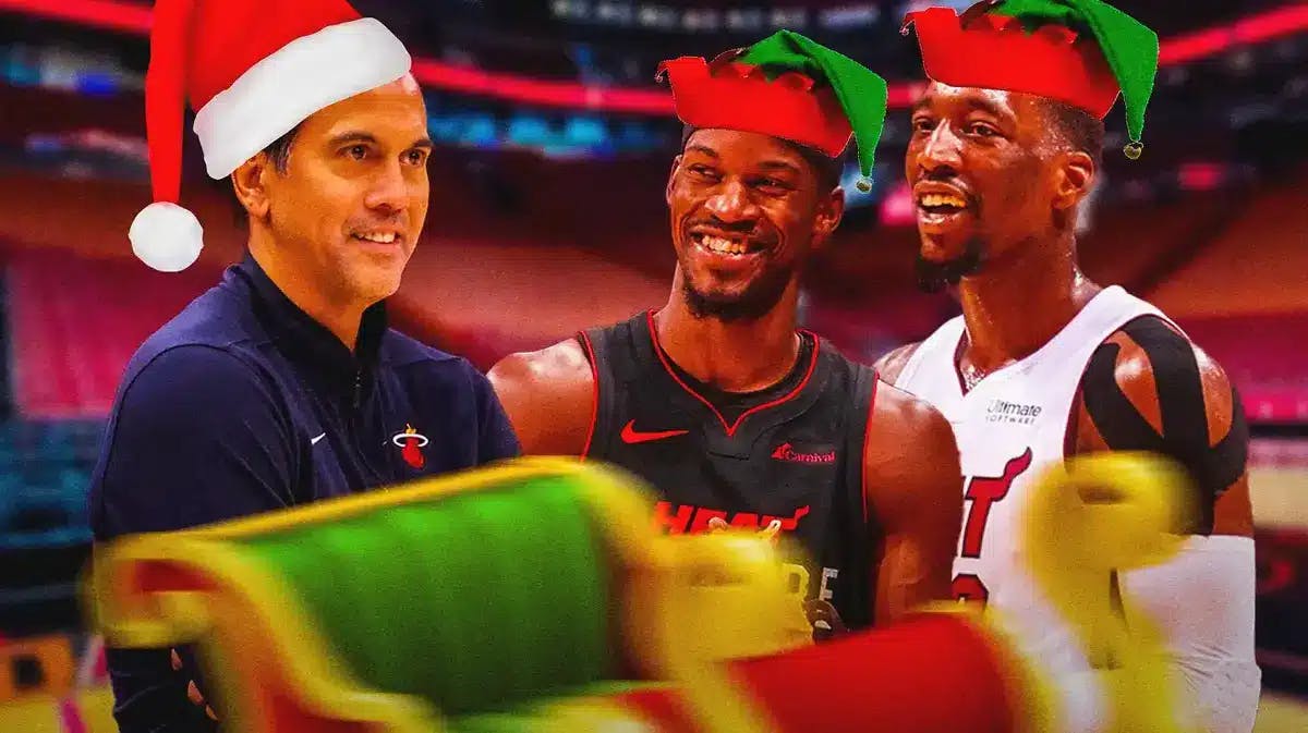Miami Heat coach Erik Spoelstra, Jimmy Butler, and Bam Adebayo are in the Christmas spirit