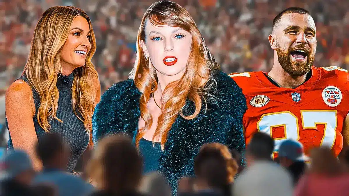 Erin Andrews, Taylor Swift, and Travis Kelce with a football field behind them