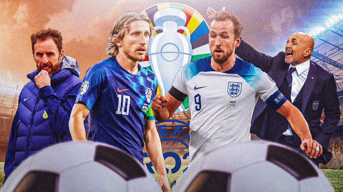 Photo: Harry Kane in England jersey in action, Luciano Spalletti coaching Italy, Gareth Southgate, Luka Modric in Croatia jersey in action, Euro 2024 logo in background.