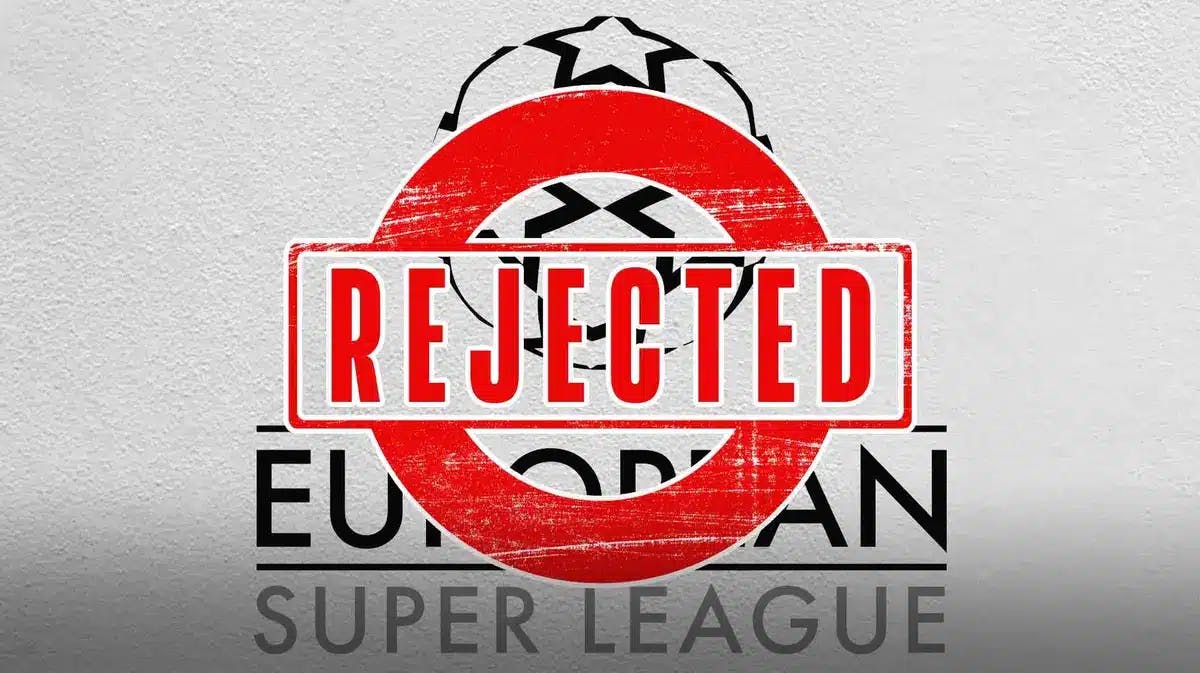 The European Super League logo with a ‘Rejectected' stamp in front of it