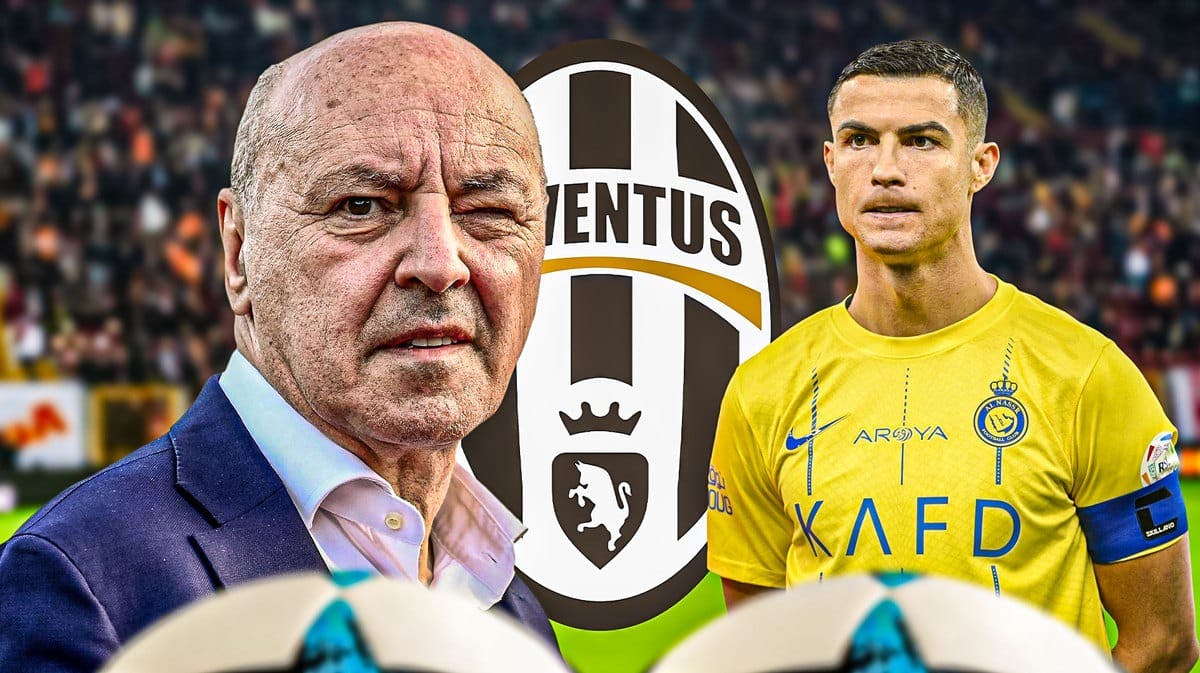 Beppe Marotta and Cristiano Ronaldo in front of the Juventus logo