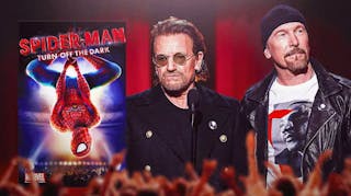 Spider-Man: Turn off the Dark poster next to U2 members Bono and The Edge.