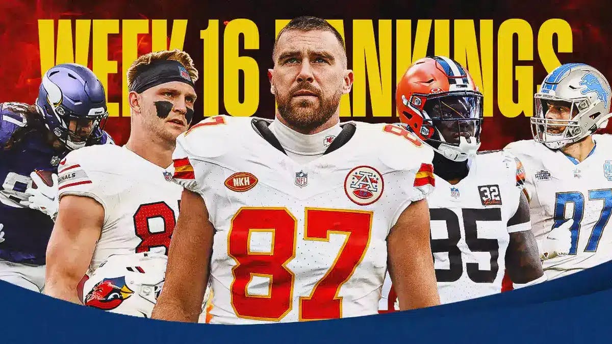Fantasy football Tight Ends TJ Hockenson, Trey McBride, Travis Kelce, David Njoku, Sam LaPorta are all beside each other with flames in the background.