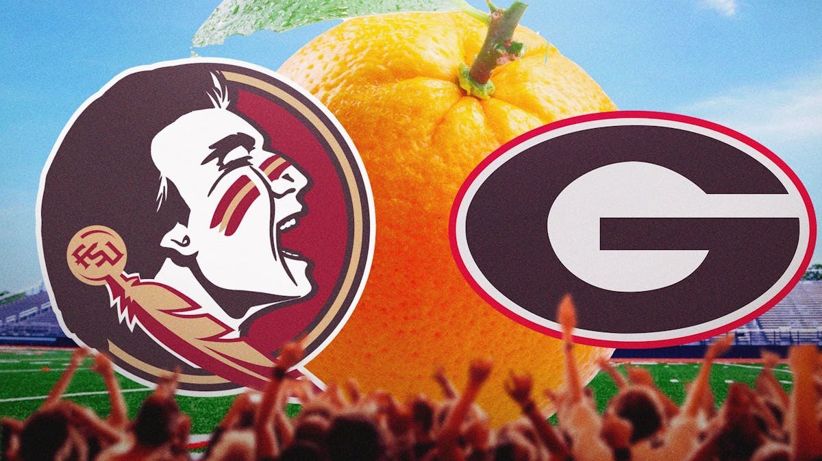 Florida State and Georgia logos in the foreground, with orange in the background.