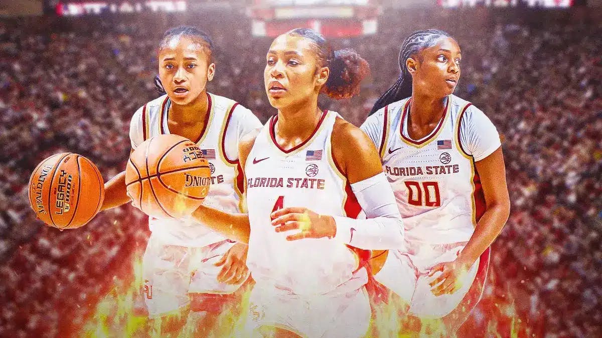 Players from the Florida state women’s basketball team with fire all around them, looking excited