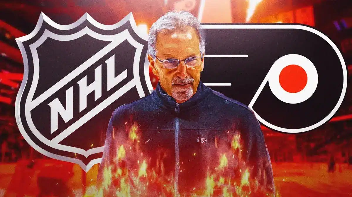 John Tortorella in middle of image with fire around him, PHI Flyers and NHL logo in image, hockey rink in background