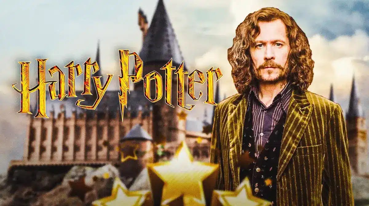 Harry Potter logo and Hogwarts background with Gary Oldman as Sirius Black.