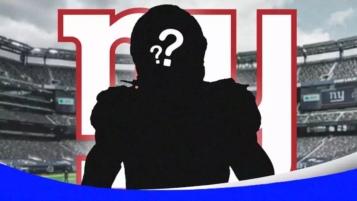 Silhouette of player with question mark on head and New York Giants logo featured prominently, to represent the mystery player the Giants will draft.