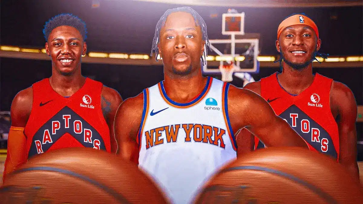 OG Anunoby in Knicks uniform with RJ Barrett and Immanuel Quickley in Raptors uniforms