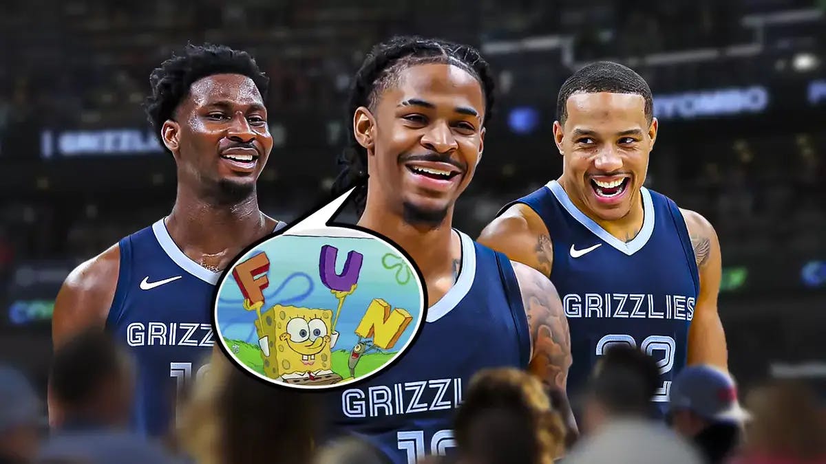 Grizzlies' Ja Morant, Desmond Bane, and Jaren Jackson all with big smiles on their faces, with a thought bubble on Morant containing image of Spongebob doing the FUN song