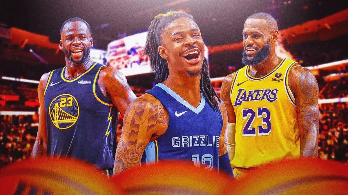 Grizzlies' Ja Morant smiling in front. Lakers' LeBron James, Warriors' Draymond Green smiling in background.