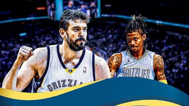 Marc Gasol with motivated face next to Ja Morant