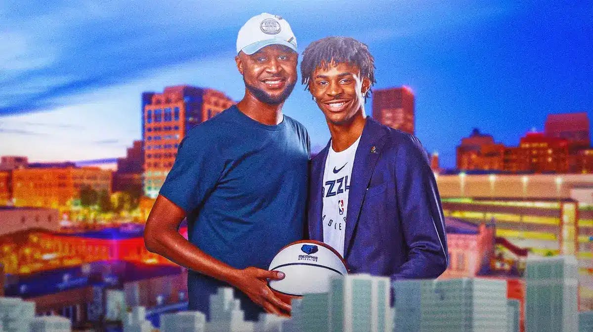 Memphis Grizzlies star Ja Morant with his father, Tee, in front of the city of Memphis.
