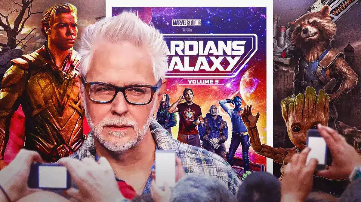James Gunn with MCU Adam Warlock, Rocket Raccoon, and Groot and Guardians of the Galaxy Vol. 3 poster.