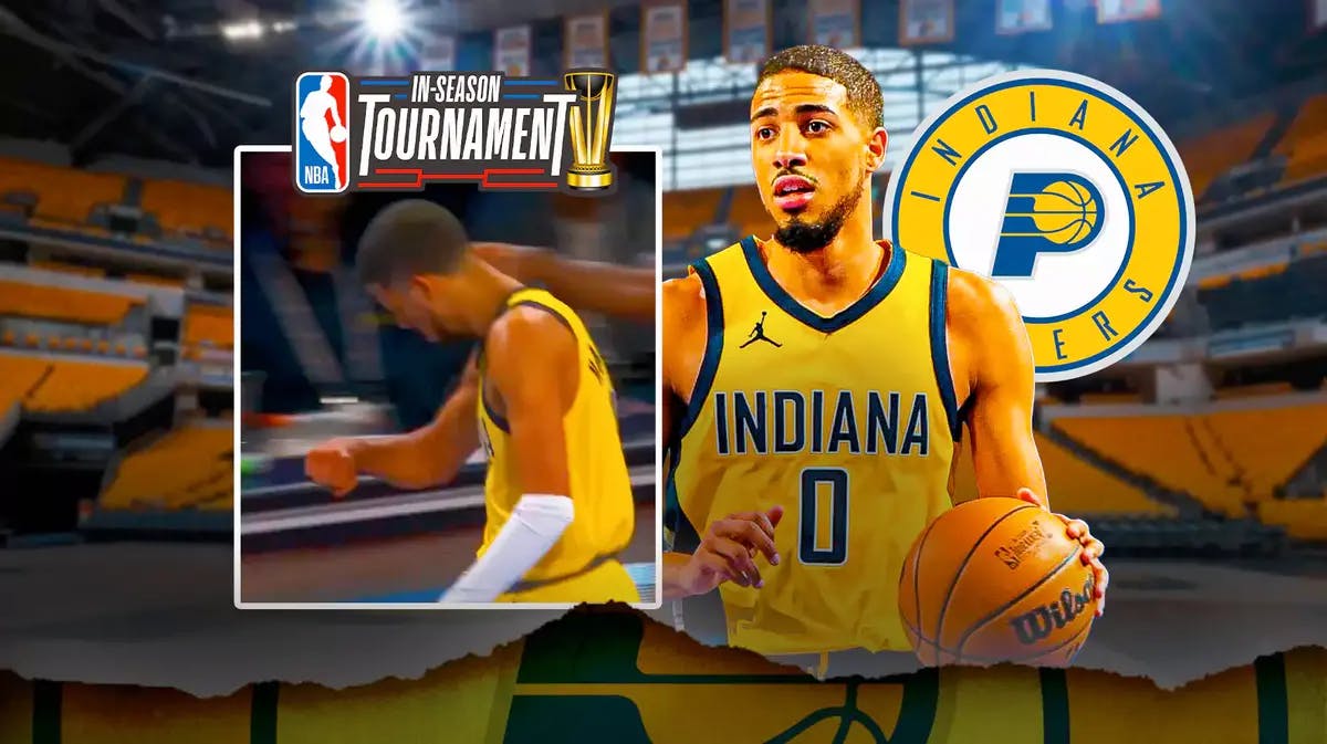 Tyrese Haliburton with the Pacers logo and the NBA In-Season Tournament logo in the background; also include a screengrab of the celebration from the link