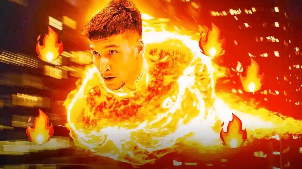 Hawks' Bogdan Bogdanovic as the Human Torch, with fire emojis all over