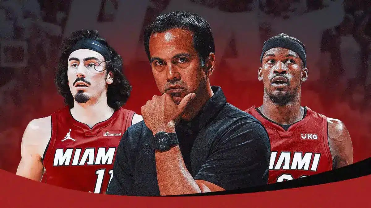 Miami Heat's Erik Spoelstra, Jaime Jaquez Jr., and Jimmy Butler.