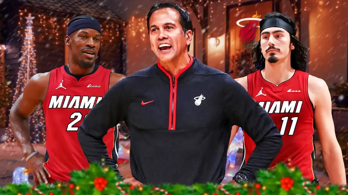 Miami Heat's Erik Spoelstra, Jimmy Butler, and Jaime Jaquez Jr. in front of a Christmas setting.