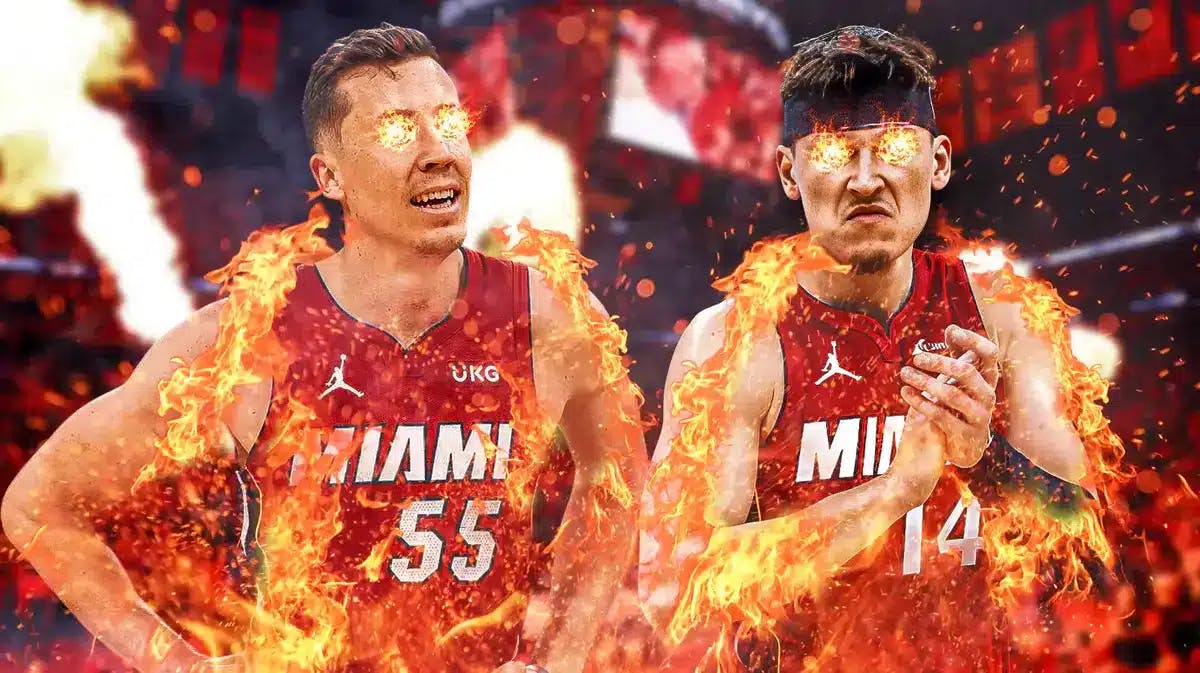 Miami Heat's Tyler Herro and Duncan Robinson in front of the Kaseya Center.