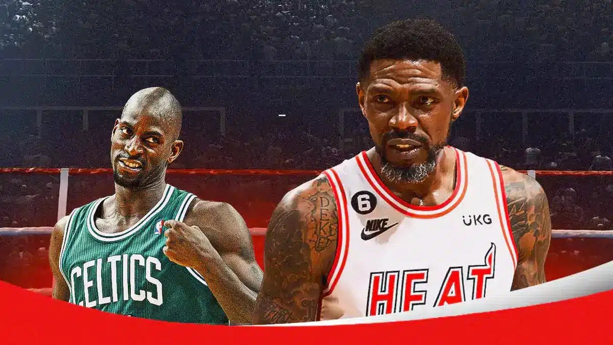 Miami Heat forward Udonis Haslem with angry face in front of Celtics big man Kevin Garnett