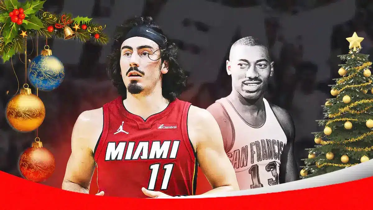 Heat’s Jaime Jaquez Jr. hyped up, Warriors' Wilt Chamberlain beside Jaquez, Christmas decoration in the background