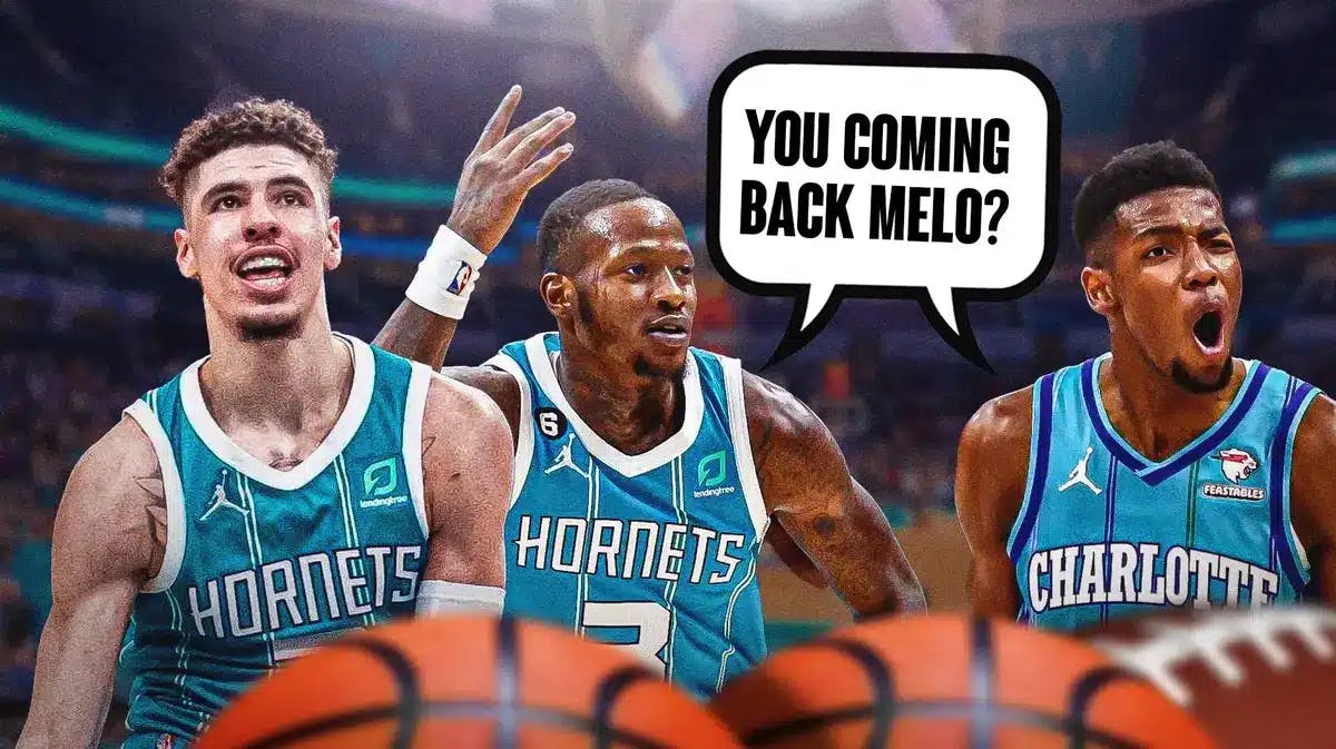 Hornets' Terry Rozier and Brandon Miller saying "You coming back LaMelo" to LaMelo Ball