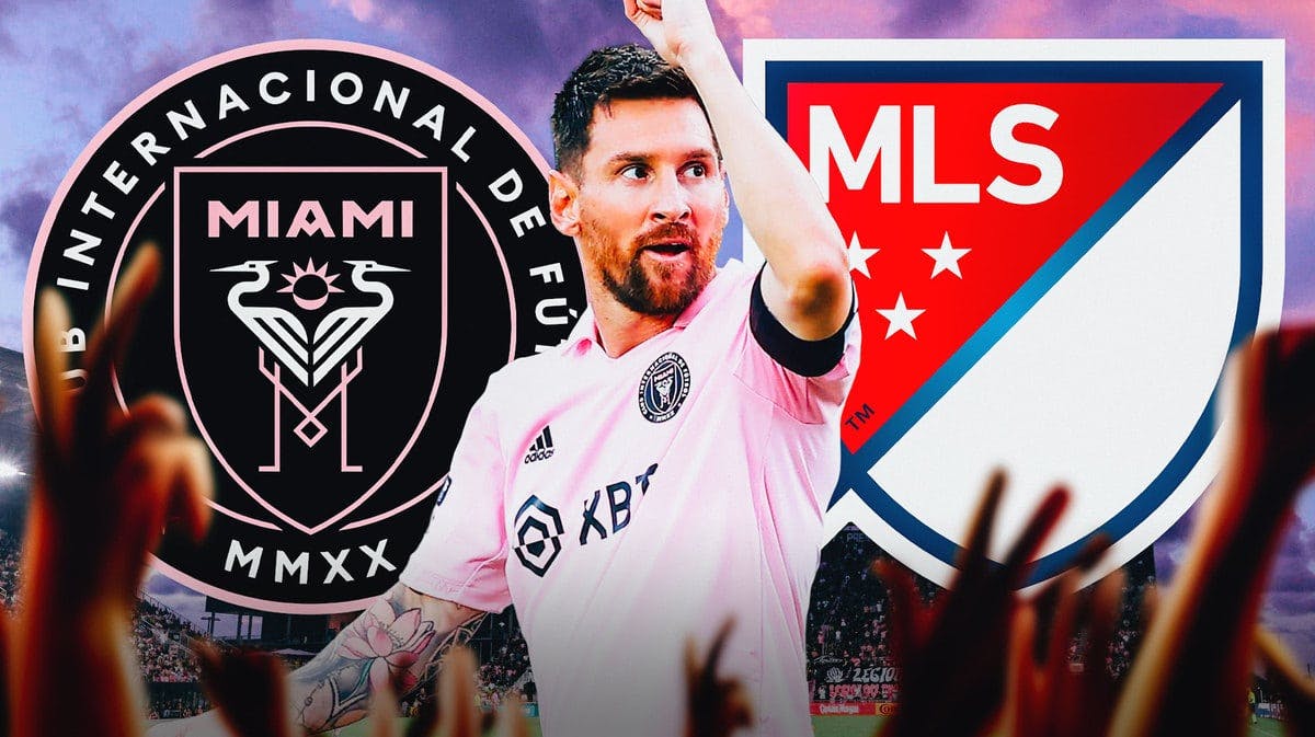 Lionel Messi in front of the Inter Miami and MLS logos
