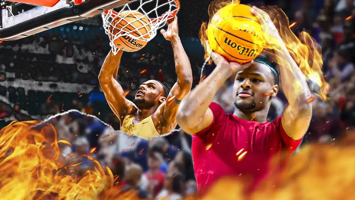 USC basketball star Bronny James shooting the ball on fire and dunking