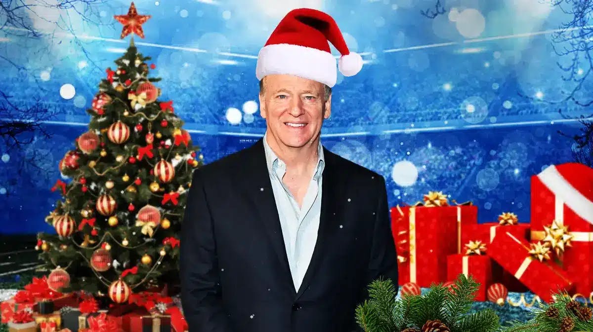Roger Goodell with Santa Claus hat and Christmas trees/presents.