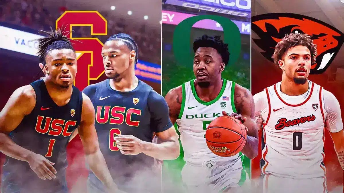 Isaiah Collier, Bronny James, USC logo on one half of the graphic. The other half features Jermaine Couisnard and Oregon logo as well as Jordan Pope and Oregon State logo.